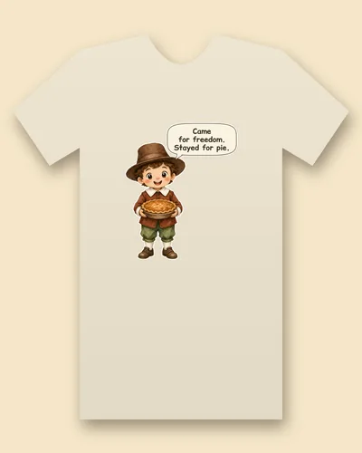 Thanksgiving Guest tee mockup: a smiling boy in a wide brown hat, brown coat with a white collar and green breeches, holding a pie, saying “Came for freedom. Stayed for pie.”