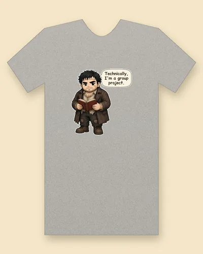 The Creature tee mockup: the creature from the 1818 novel, a big, brooding man with stubble, short messy black hair and stitch scars, in a worn brown greatcoat, reading a red book, saying “Technically, I'm a group project.”
