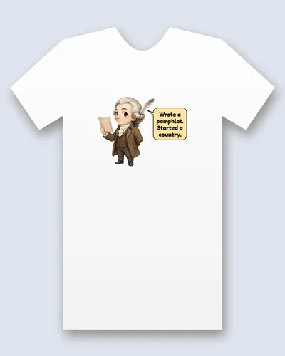 Thomas Paine tee mockup: Thomas Paine in a powdered wig and brown coat, holding a small pamphlet, a quill behind him, saying “Wrote a pamphlet. Started a country.”