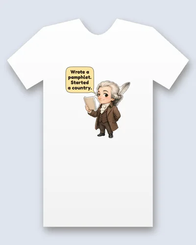 Thomas Paine tee mockup: Thomas Paine in a powdered wig and brown coat, holding a small pamphlet, a quill behind him, saying “Wrote a pamphlet. Started a country.”