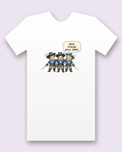 The Three Swordsmen tee mockup: Three swordsmen in plumed hats and blue tabards, arm in arm, each holding a sword, saying “Best friends since 1844.”