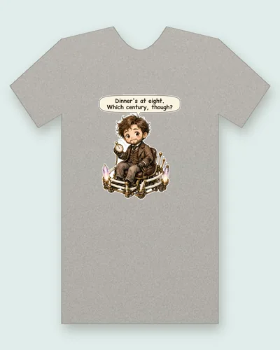 Time Traveller tee mockup: a Victorian inventor with messy hair and a dusty tweed suit, sitting on a brass, ivory and crystal contraption and holding up a pocket watch, saying “Dinner's at eight. Which century, though?”