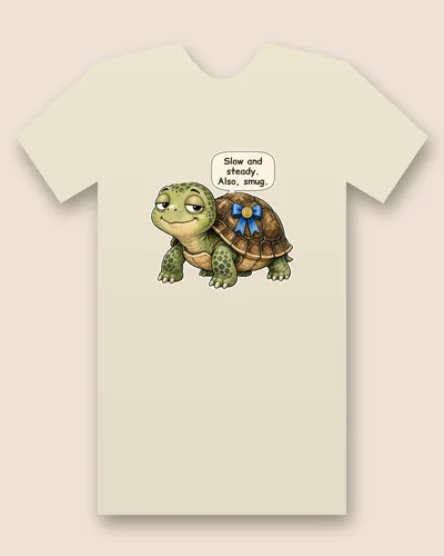 The Tortoise tee mockup: a smug tortoise wearing a blue winner's ribbon, saying “Slow and steady. Also, smug.”