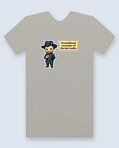 Ulysses S. Grant tee mockup: Ulysses S. Grant with a full brown beard, a dark blue slouch hat and a blue uniform with brass buttons, holding a chocolate chip cookie, saying “Unconditional surrender. Of the last cookie.”