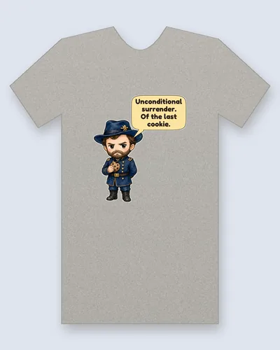 Ulysses S. Grant tee mockup: Ulysses S. Grant with a full brown beard, a dark blue slouch hat and a blue uniform with brass buttons, holding a chocolate chip cookie, saying “Unconditional surrender. Of the last cookie.”