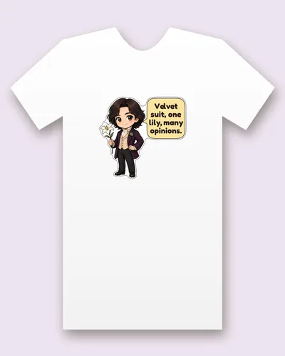 Victorian Playwright tee mockup: a Victorian playwright with wavy dark hair, a plum velvet jacket, a silk cravat and a green carnation, holding a white lily, saying “Velvet suit, one lily, many opinions.”