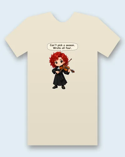 Antonio Vivaldi tee mockup: Antonio Vivaldi with a mop of bright red curls, a black priest's cassock with a white collar and sash and buckled shoes, playing a baroque violin, saying “Can't pick a season. Wrote all four.”