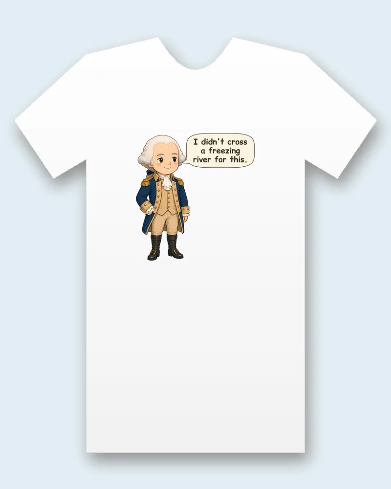 George Washington tee mockup: George Washington in a blue coat and powdered wig, one hand on his hip, saying “I didn't cross a freezing river for this”