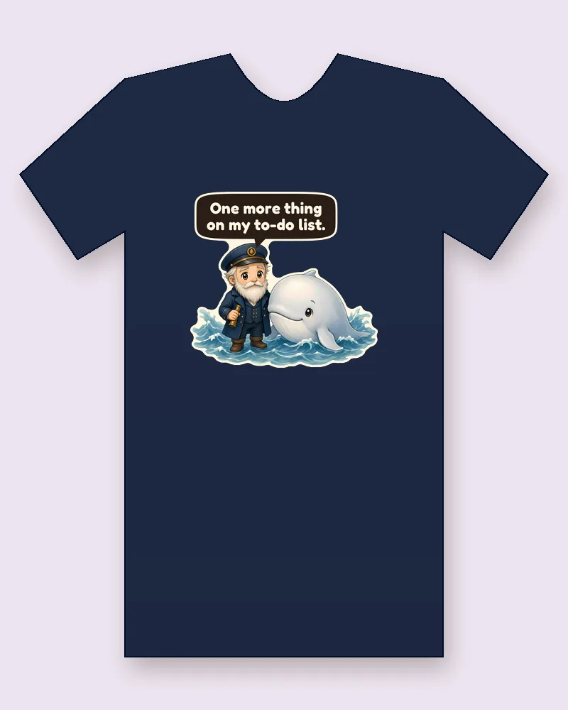 White Whale and Sea Captain on a navy tee mockup