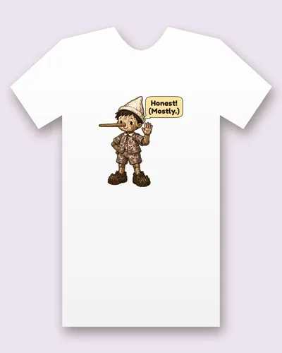 Wooden Puppet Boy tee mockup: A jointed wooden puppet boy with a very long nose, a pointed bread-dough cap, a flowered paper suit and bark shoes, waving with one hand on his hip, saying “Honest! (Mostly.)”
