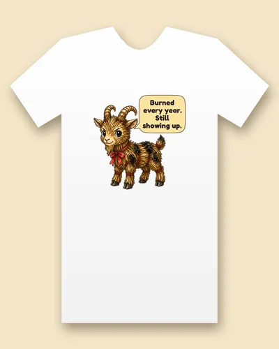 Yule Goat tee mockup: A Yule goat made of golden bundled straw with curled straw horns, a big red bow, red ties at the legs and tail and a few black scorch marks, saying “Burned every year. Still showing up.”