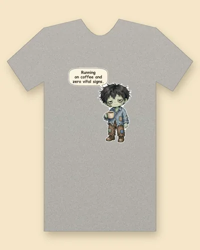 Sleepy Coffee Zombie tee mockup: a sleepy green-skinned zombie with messy black hair, a patched blue shirt and worn brown boots, holding a mug of coffee, saying “Running on coffee and zero vital signs.”