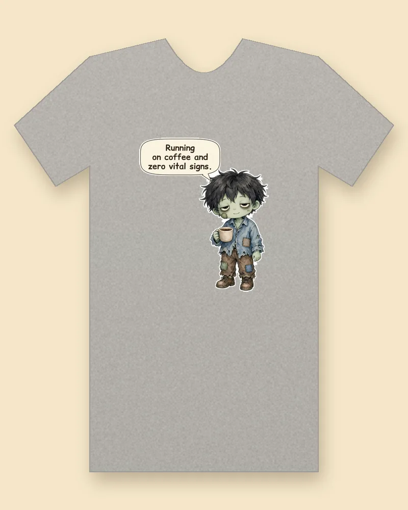 Sleepy Coffee Zombie on a heather gray tee mockup