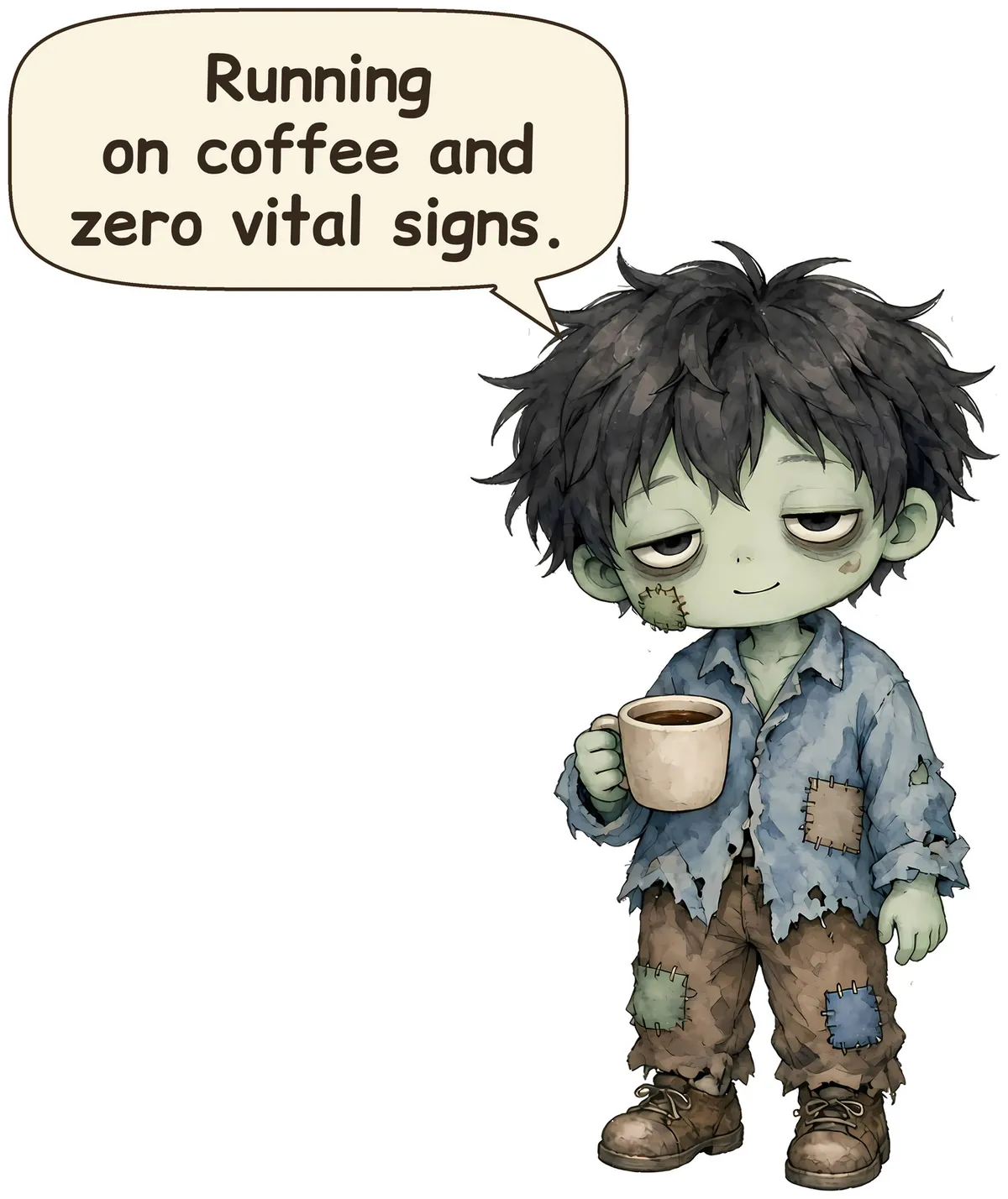 Sleepy Coffee Zombie storybook watercolor design